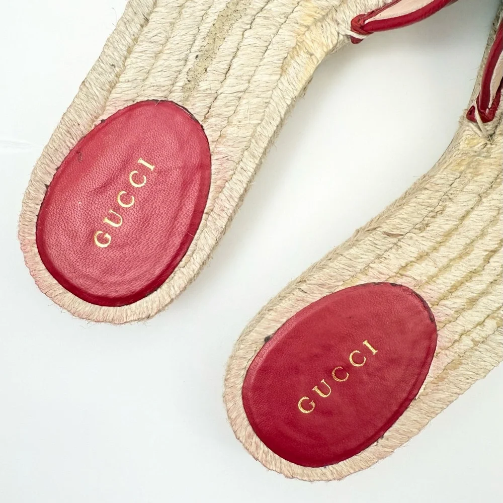 Gucci Charlotte Matelesse Espadrille Marmont Slide Sandal Hibiscus Red Leather 8